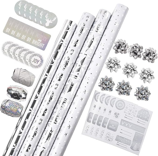 WRAPAHOLIC Silver Christmas Wrapping Paper Set - Silver Snowflakes and Candy Cane Holiday Collection with Metallic Foil Shine Wrapping Paper Bundle with Gift Bow & Ribbon & Tag & Sticker