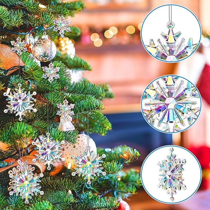 60Pcs Christmas Acrylic Snowflake Ornaments Winter 3D Translucent Snowflake Hanging Ornaments for Tree Crystal Iridescent Pendants with Rope for Holiday Party DIY Decor (Laser)