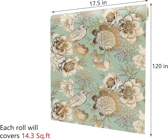Decotalk Green Floral Wallpaper Floral Peel and Stick Vintage Flowers Wall Paper for Bedroom Bathroom 17.5"x120" Green/Gold Wall Paper Florals Flower Bird Wallpaper Removable Flower Cover Vinyl