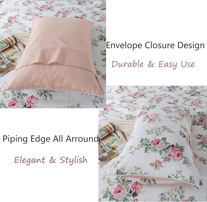 FADFAY Duvet Cover Set Pink Rose Floral Bedding Shabby Peony Flower Quilt Cover Set Vintage Farmhouse Bedding 100% Cotton Soft Comforter Cover Set with Zipper Closure 3Pcs, King/California King Size