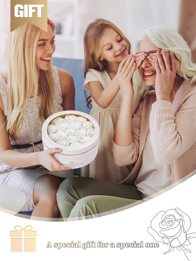 Preserved Roses Forever Flowers Real Roses in a Box Mother's Day Birthday Flowers for Her Mom Women Wife Valentine's Day, 16 White Roses