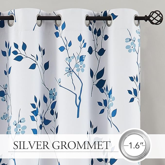 Beauoop Floral 100% Blackout Curtains 84 Inches Long 2 Panels for Bedroom Living Room Navy Blue and White Flower Patterned Room Darkening Thermal Soundproof Grommet Window Treatments Drapes, 52X84
