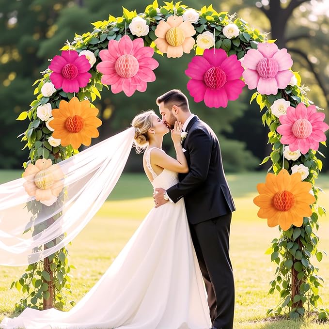 SUNBEAUTY 9 PCS Hot Pink and Orange Party Decorations Fall Large Hanging Paper Flowers Honeycomb Tissue Fiesta Sunset Autumn Decor for Birthday Thanksgiving Wedding Bridal Baby Shower Backdrop Wall