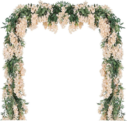 Duovlo 4Pcs 6.6Ft/Piece Imitation Silk Wisteria Garland Hanging Flower Vine for Home Outdoor Garden Ceremony Wedding Arch Floral Decor (Champagne)