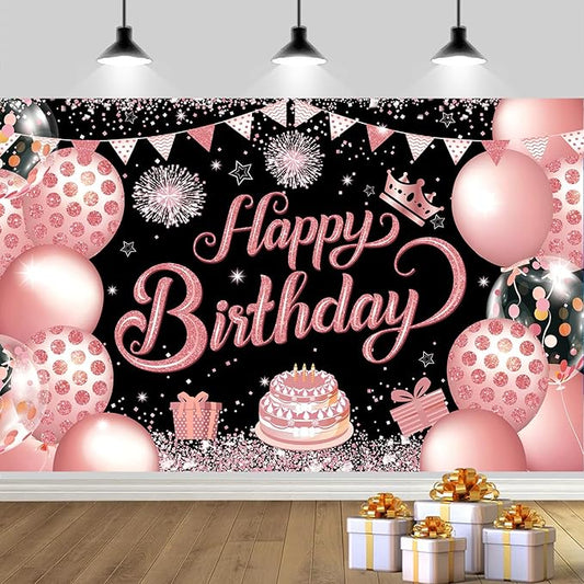 YinQin 180x120 cm Black Rose Golden Happy Birthday Party Photography Backdrops Cloth 71x47 inch Rose Gold Photo Backgrounds Glitter Pink Gold Happy Birthday Sign Banner Decorations for Women Girl