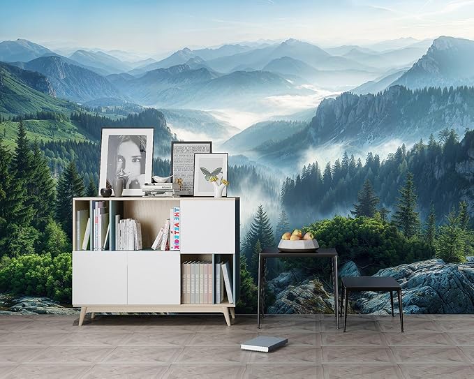 WFBHUA-Misty Pine Forest Wallpaper Peel and Stick Foggy Mountain Scenery Self Adhesive Wall Mural for Living Room 137"x100"