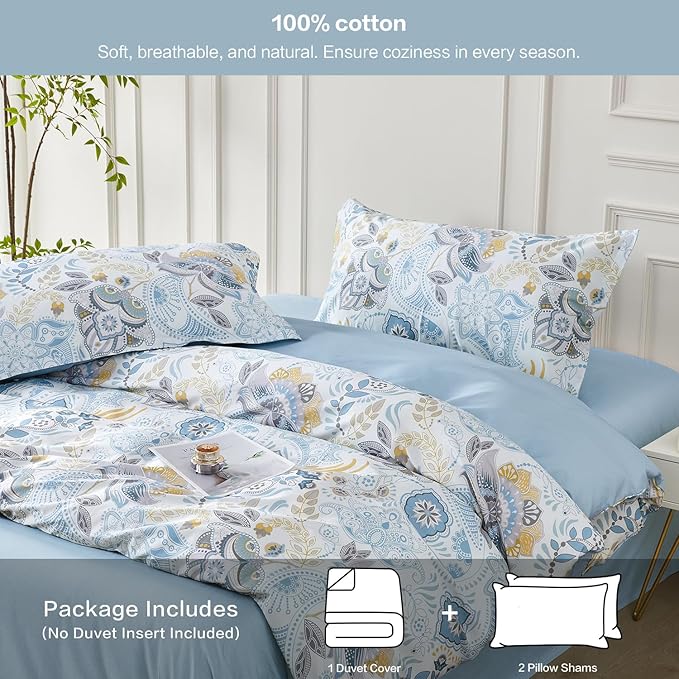SAPHREAS Blue Floral Duvet Cover Set Full Size Geometric Pattern Botanical Blossom Bedding Comforter Cover Set 100% Cotton 1 Duvet Cover 2 Pillow Shams, Comforter Not Included