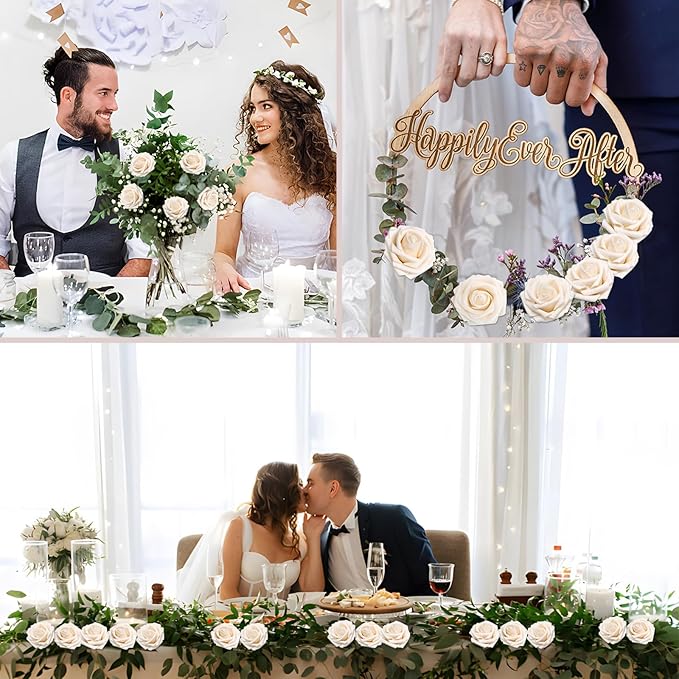 100PCS Champagne Artificial Flowers Roses Real Looking Foam Fake Roses with Leaves for DIY Wedding Bouquets Bridal Shower Centerpieces Party Decorations (Champagne, 100)
