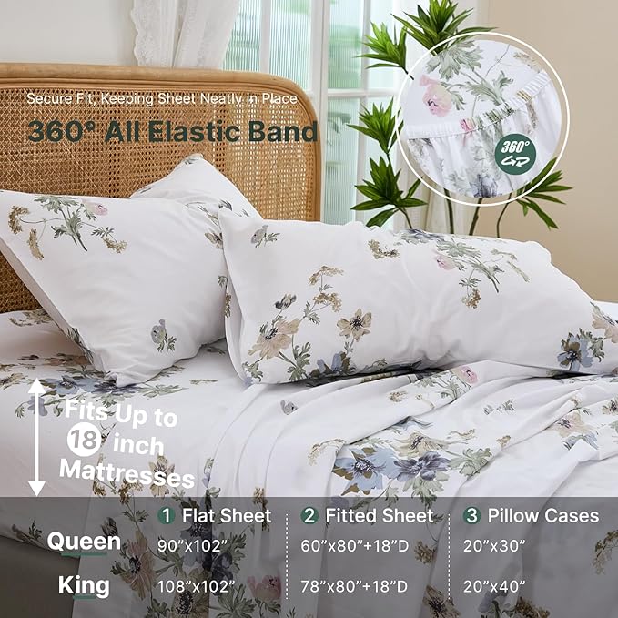 100% Cotton Sheet Set King Size – 4-Piece Vintage Floral Chic Bedding Set, Soft Breathable Percale Weave, Deep Pocket Fitted Sheet 17.5", Crisp Cool Feel, Refined Botanical Elegance