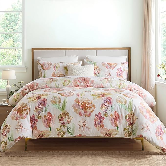 100% Cotton Duvet Cover Set King Size – Pink Watercolor Floral Bedding with Zipper Closure, 3-Piece Silky Soft Botanical Comforter Cover with 2 Pillowcases