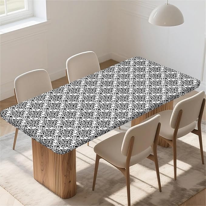 Rectangle Table Cloth Cover Waterproof Elastic Fitted Polyester Fitted Tablecloths for 8 Foot Tables for Indoor,Picnic, Camping, Outdoor （96" x 30"，Flower Geometry）