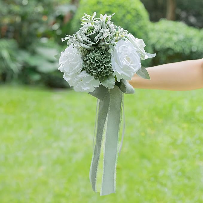 ponatia Sage Grenn Wedding Bouquets for Bride Bridesmaid, White Wedding Artificial Roses Flowers for Wedding Bouquets Ceremony, Anniversary (Sage Green & White)