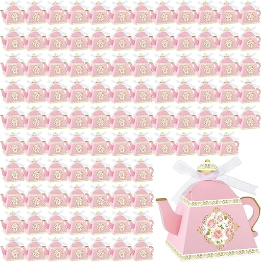 Jetec 100 Pcs Teapot Candy Box Floral Flower Tea Party Favor Gift Box Candy Boxes for Tea Garden Wedding Favors Bridal Showers Brunches Birthdays Decorations(Pink)