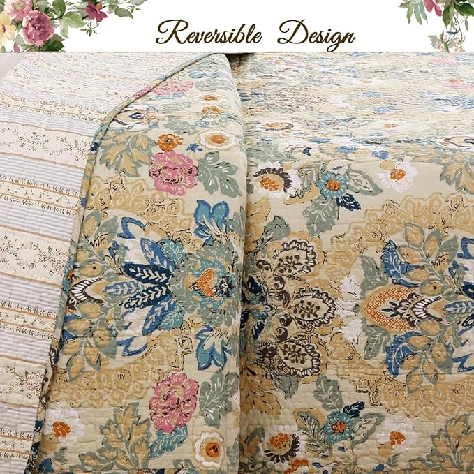 Cozy Line Home Fashions Luxury Classic Bedding Quilt Set, 100% Cotton Beige Blue Floral Pink Flower Bohemian Style Reversible Bedspread Coverlet (Art Painting, King - 3 Piece)
