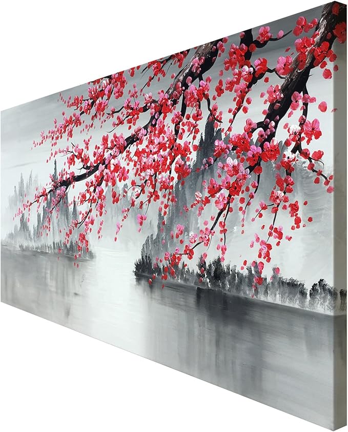 Traditional Chinese Painting Hand Painted Plum Blossom Canvas Wall Art Modern Black and White Landscape Oil Painting for Living Room Bedroom Office Decoration (48x24 inch)