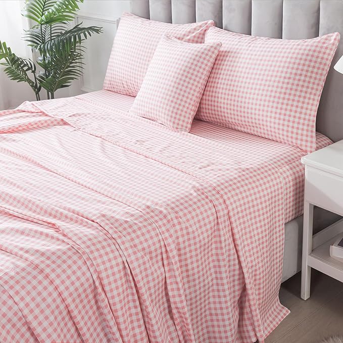 FADFAY Pink Plaid Twin Extro Long Size Sheets 100% Cotton Geometric Checker Bedding Teens Grid White Gingham Pattern College Bedding Deep Pocket Sheets with 2 Pillowcases Ultra Soft 4pcs, Twin XL Size