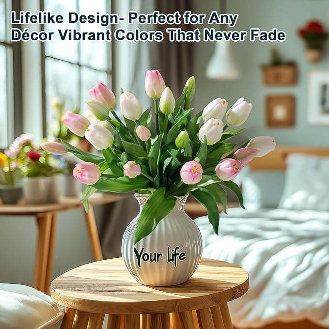 20PCS Fake Tulips Artificial Tulip Silk Flowers Fake PU Bouquet Artificial Flowers Faux Flowers with Gift Box Soft Faux Tulips Bouquets Arrangements for Party Wedding Home