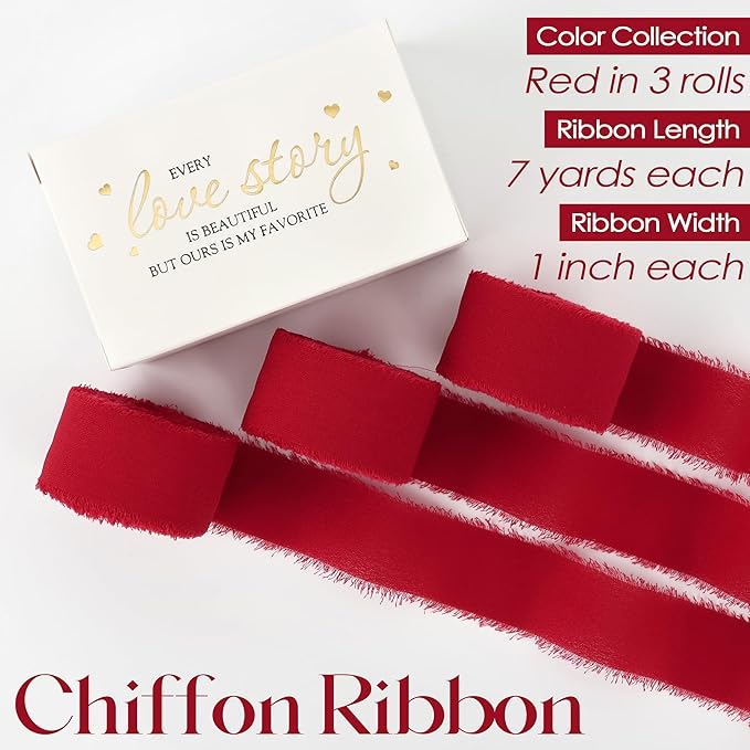 MEEDEE Red Chiffon Ribbon 1 Inch Frayed Ribbons Chiffon Silk Red Fringe Ribbons Thin Chiffon Ribbon for Crafts, Gift Wrapping, Wedding Invitation (3 Rolls 21 Yards)
