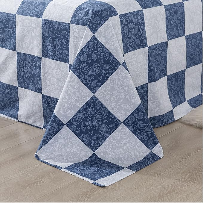 FADFAY Paisley Queen Size Plaid Navy Blue Sheets 100% Cotton Geometric Checker Bedding Teens Grid Grey Gingham Pattern College Bedding Deep Pocket Sheets with 2 Pillowcases Ultra Soft 4pcs, Queen