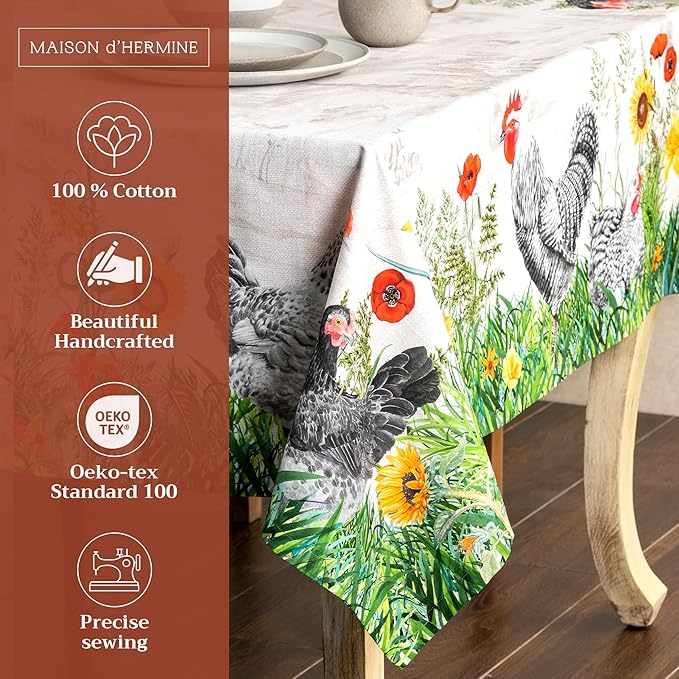 Maison d' Hermine Table Cloth Rectangle Table 100% Cotton 70 x 108 Inches Tablecloth Reusable Decorative for Dining Room, Farmhouse, Home, Party, Festive & Wedding Spring Summer - Basse Cour