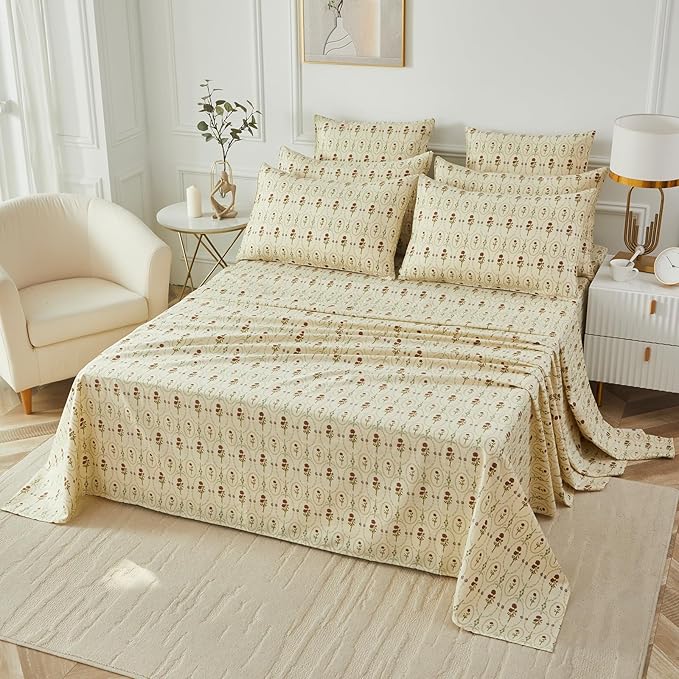 FADFAY Twin XL Size 100% Cotton Beige Bed Sheets Set Elegant Red Rose Floral Pattern, Soft and Luxurious Shabby Vintage French Country Bedding, 4 Pieces Deep Pocket Fitted Sheet, Twin Extra Long