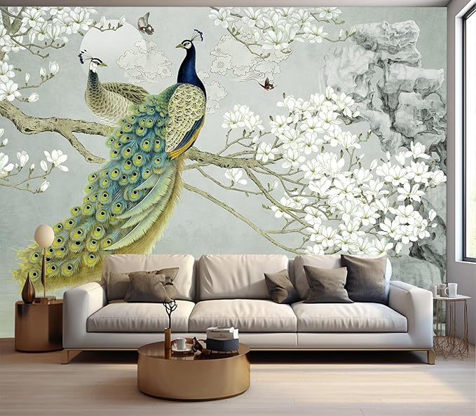 Eierme-Flower Pattern Peacock Illustration Wallpaper Mural Wallpaper Peel and Stick 137" x 102"
