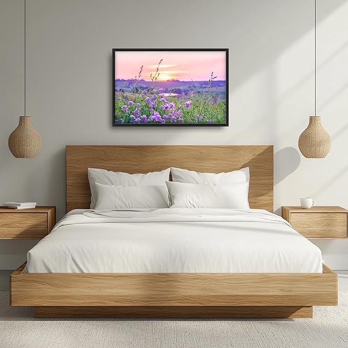 Nature Scenery Large Wall Art Sunset Framed Wall Decor for Living Room Countryside Wildflowers Pictures Oversized Canvas Print Painting Modern Extra Large Framed Artwork for Bedroom Office 36"x24"