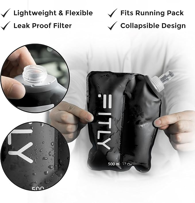 FITLY Soft Flask - Shrink As You Drink Soft Water Bottle for Hydration Pack - Folding Water Bottle Ideal for Running, Hiking, Cycling, Climbing & Rigorous Activity