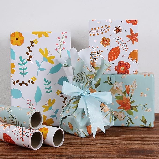 Aimyoo Floral Wrapping Paper Jumbo Roll 17 in x 60 ft, Blue Orange Flower Gift Wrap for Wedding Bridal Shower Birthday