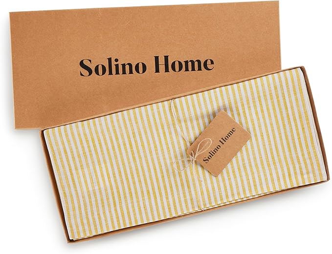 Solino Home Linen Table Runner 108 Inches Long - Narrow Stripe, 100% Pure Linen Spicy Mustard and White Farmhouse Table Runner 14 x 108 Inch for Dining, Spring, Easter