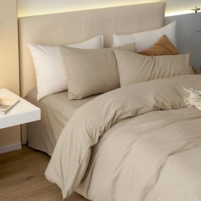 JIYUAN 100% Washed Cotton Duvet Cover Set 3 Pieces Full, 1 Duvet Cover 80x90 Inches(Comforter Not Included) and 2 Pillowcases,Linen Feel Bedding Set Comfy and Breathable, Heathered Tan