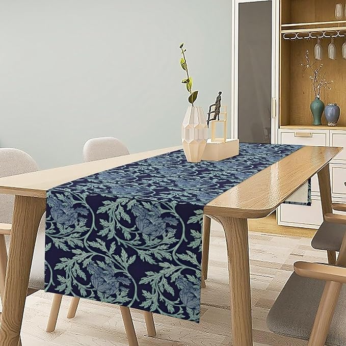 Vintage William Morris Table Runner, Retro Blue Floral Botanical Plant Farmhouse Design Table Runner for Kitchen Dining Party Holiday Decortaion, 13x120 Inch