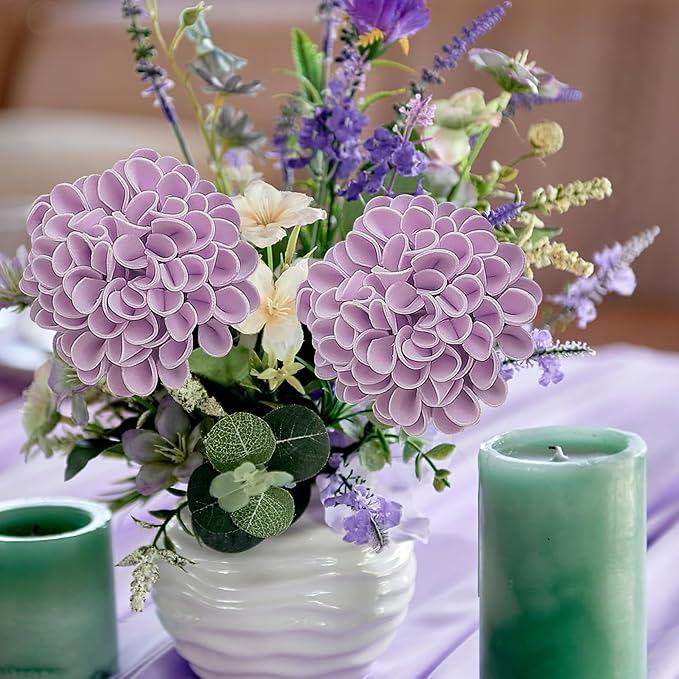 Artificial Flowers, 50pcs Realistic Artificial Rose for DIY Wedding Bouquets Centerpieces Arrangements, Purple Dahlia Flowers with Stem for Bridal Shower Party Home Decorations