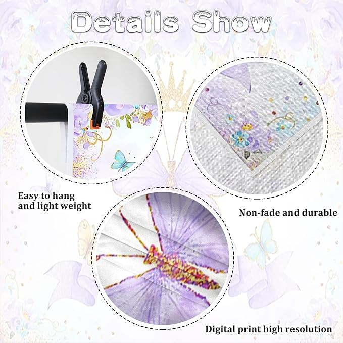 Renaiss 10x6.5ft Happy Birthday Backdrop Purple Butterfly Flowers Gold Crown Photography Background Daughter Girl Princess Birthday Party Decor Dessert Table Banner Portrait Selfie Group Photo Props