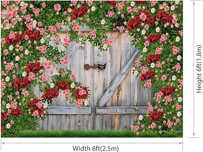 AOFOTO Barn Door Rose Backdrop Rustic Red Pink Beige Flowers Background Romantic Phtography Banner for Anniversary Wedding Decor Photo Studio Photobooth Props 8x6ft