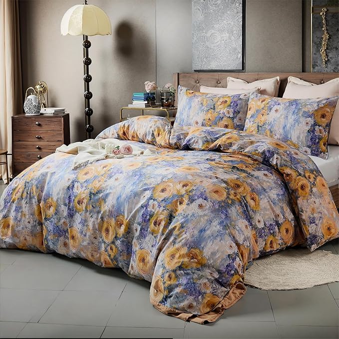 100% Cotton Duvet Cover King Size – Impressionist Natural Yellow & Blue Floral Duvet Cover Set with Zipper Closure, 3-Piece Soft Breathable Durable Percale Cotton Bedding Set for All Seasons