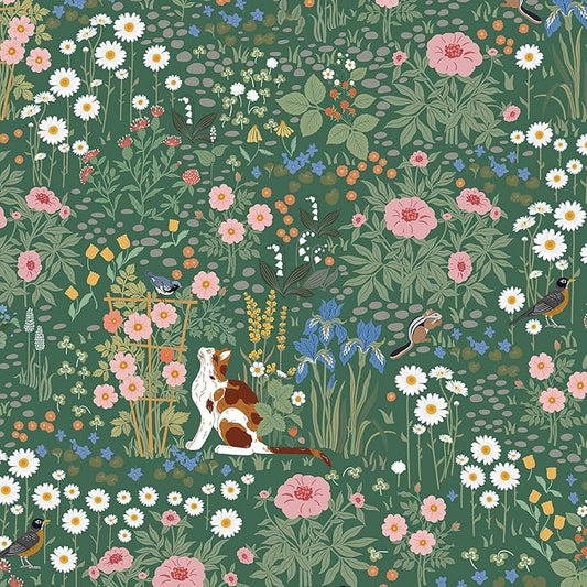 Heroad Floral Peel and Stick Wallpaper Green Wallpaper Boho French Country Contact Paper Vintage Cat Birds Removable Self-Adhesive Wall Paper for Bedroom Kitchen Cabinets Decoration Vinyl 17.3”x78.7”