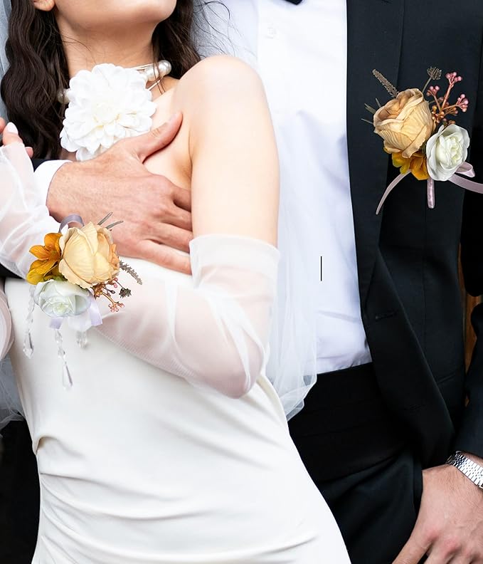 Corsage and Boutonniere Set Corsage Wistlet Burnt Orange Corsage Wrist Artificial Flower Perfert for Proms | Weddings for Bride,Bridesmaids, Groom,Groomsmen Decor (Burnt Orange)