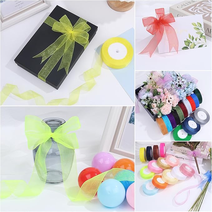 3/4 Inch x 50 Yards Sheer Organza Ribbon Chiffon Ribbon for Gift Wedding Flower Bouquet Wrapping Decorations Crafts (Fluorescent Green)