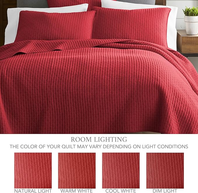Levtex Home Cross Stitch Reversible Queen Bedspread Set (104x106in) with 2 Pillow Shams (26x20in) - Stitch Texture - Chile Red - Cotton Queen Size Bedspread Set - Lightweight, Soft, Pre-Washed