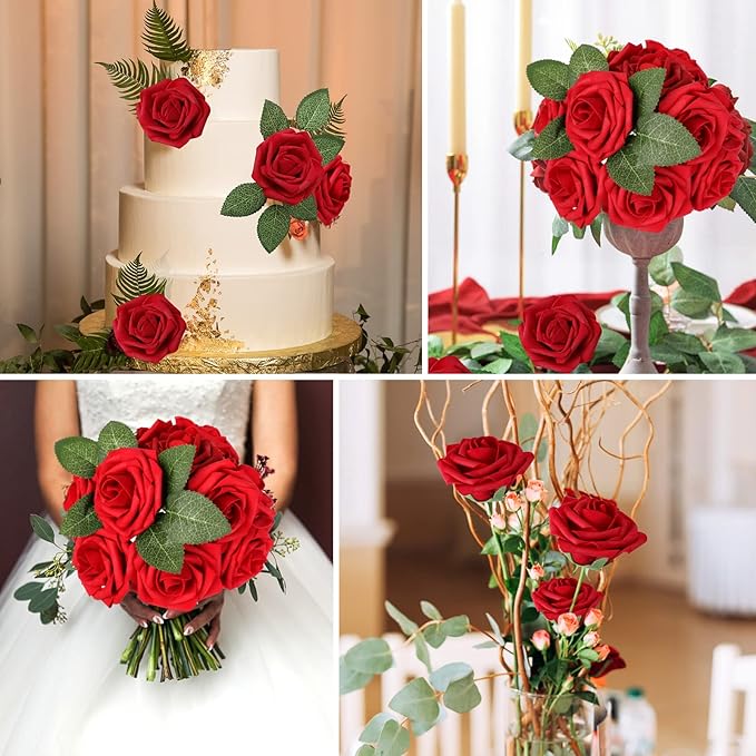 AmyHomie Artificial Flower Dark Red Rose 100pcs Real Looking Fake Roses w/Stem for DIY Wedding Bouquets Centerpieces Arrangements Party Baby Shower Valentines Day Christmas Tree Decorations