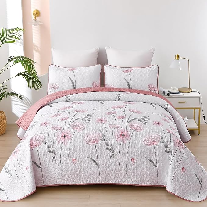 Dinjoy Quilt Set Full Size Pink, Floral Bedspread Set 3 Pieces Reversible Summer Bedding Set Microfiber Lightweight Bedspread Coverlet Farmhouse Set for Women Girls 78"x90"