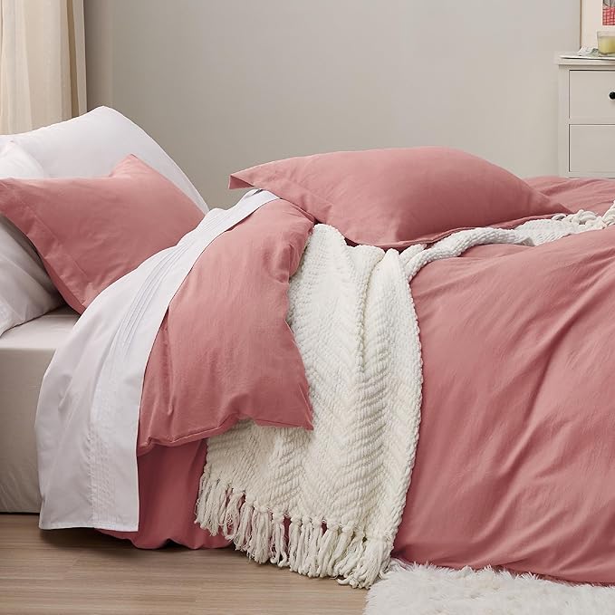 Bedsure Pink Clay Duvet Cover Full Size - 3 Pieces Prewashed Extra Soft Cotton-Like Bedding Set, Includes 1 Duvet Cover 80x90 Inches with Zipper Closure & 2 Pillow Shams, Comforter Not Included