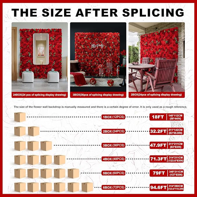 Red Flower Wall Backdrop 12 Piece of 16.5x16.5 Inch Artificial Floral Wall Panel Silk Rose Wall Decor Ideal for Wedding Celebrations, Festive Party Backdrops, and Home Decor