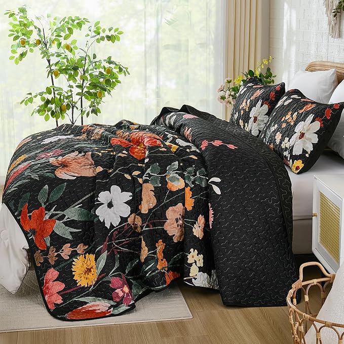 Anibedding Black Quilt Set King Size, Colorful Floral Bedspread with 2 Pillowcases, Soft Microfiber Lightweight Coverlet Bedding Set for All Season(104"x90")