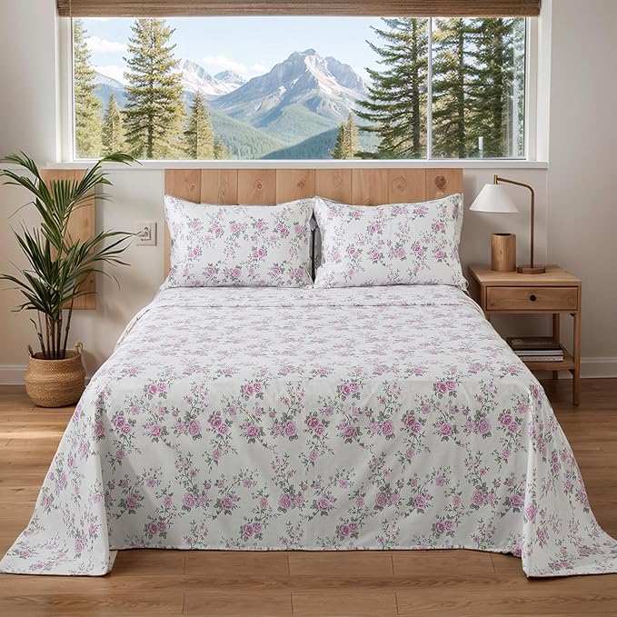 FADFAY Vintage Floral King Size Sheets Set Premium 100% Cotton Shabby Purple Rose Pattern Coquette Cottagecore Bedding Set Deep Pocket Sheets with 2 Pillowcases Luxury Breathable Soft 4Pcs, King
