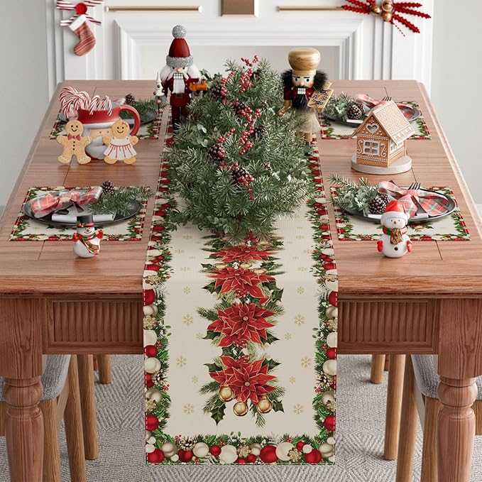 XCHI Christmas Poinsettias Leaves Bells Snowflakes Winter Xmas Table Runner Table Decoration for Home Kitchen Dining Holiday Decor 13x90 Inch