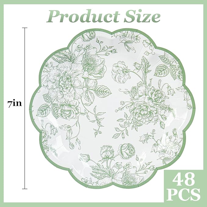 48 Pcs Sage Green Floral Party Plates Vintage Floral Leaf Disposable Paper Plates Wildflower Green Toile 7" Scalloped Rim Dessert Plates for Christmas Birthday Bridal Tea Party Supplies