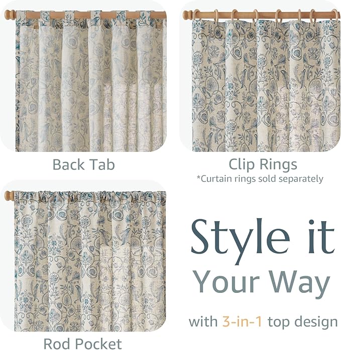 jinchan Linen Floral Curtains for Living Room with Printed Flower 96 Inches Long Light Filtering Farmhouse Window Treatment Vintage Drapes Back Tab Rod Pocket 2 Panels Blue on Beige