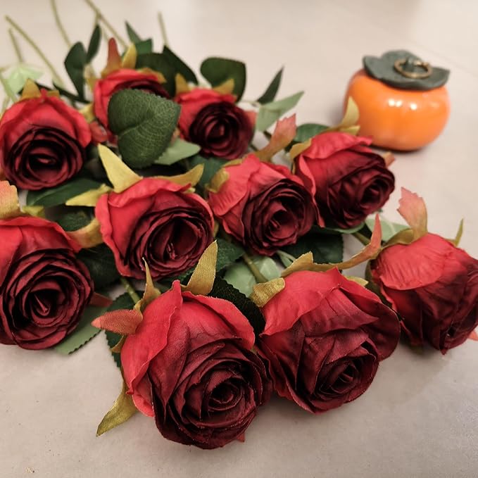 Artificial Roses 10 Pcs - Lifelike Single Stem Fake Roses with Natural Petal Texture,Fade-Resistant Silk Flowers for Wedding Decor,Home Vase Arrangements,Party Centerpieces(10, Red)